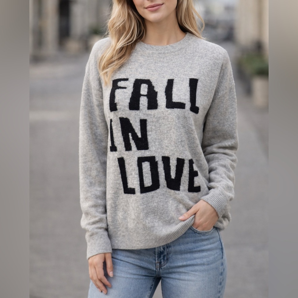 Spring & Mercer Sweater S Small 100% Cashmere FALL IN LOVE Gray Black NEW $159